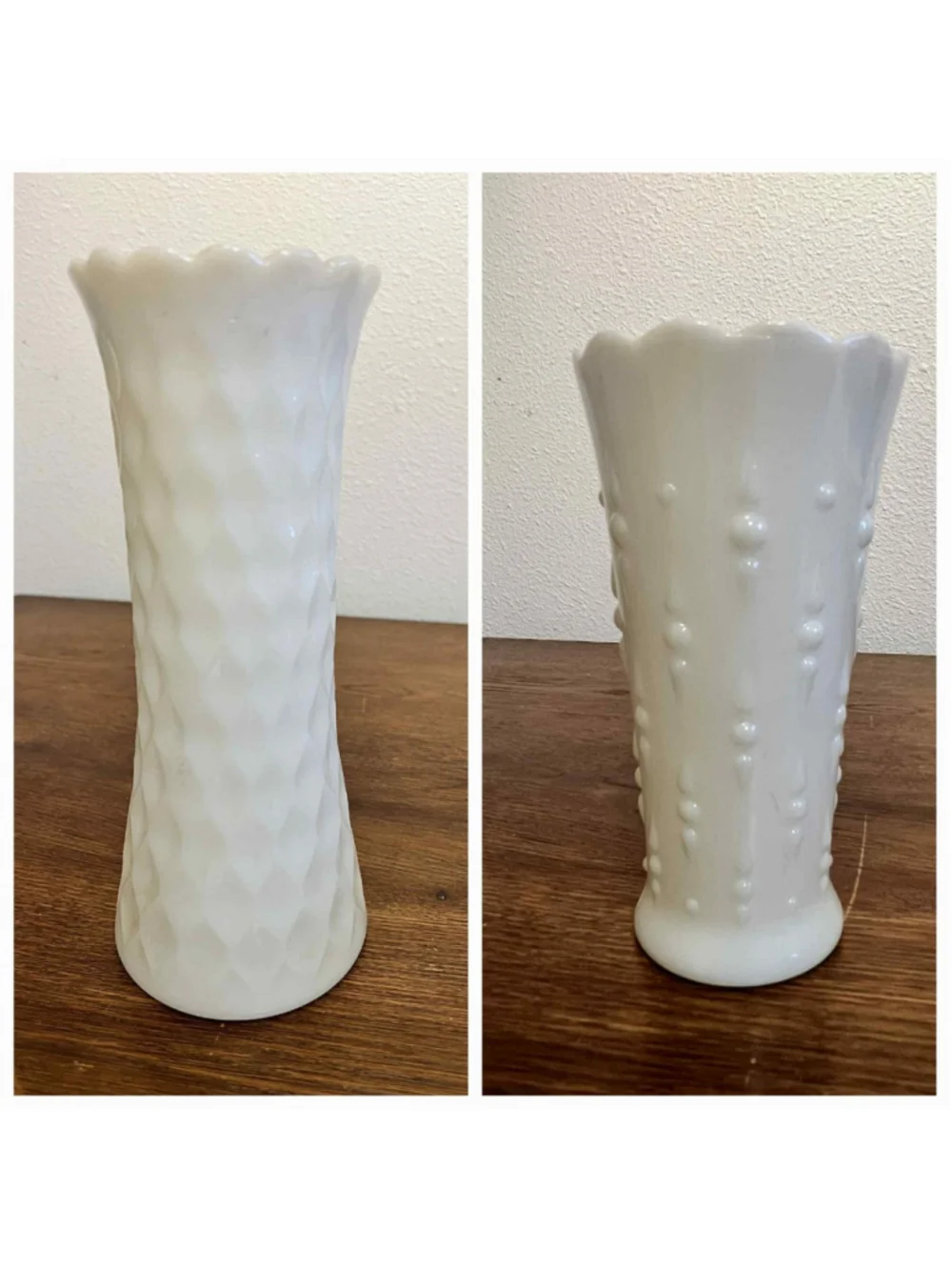 Vintage Milk Glass Vases Lot of 2 Diamond Quilt & Hobnail Pattern Scalloped Rim